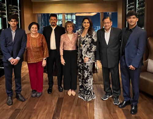 Dr. Shriram Nene (third from left) and Madhuri Dixit (third from right), joined by their family, hosted a reception in Mumbai to welcome USC Viterbi, USC President Folt (center) and esteemed guests (Photo/Sudha Kumar)