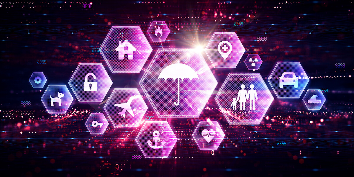 Hexagon shapes with house different symbols including a home, a family, a plane surrounding an umbrella intending to communicate an umbrella to communicate AI safety