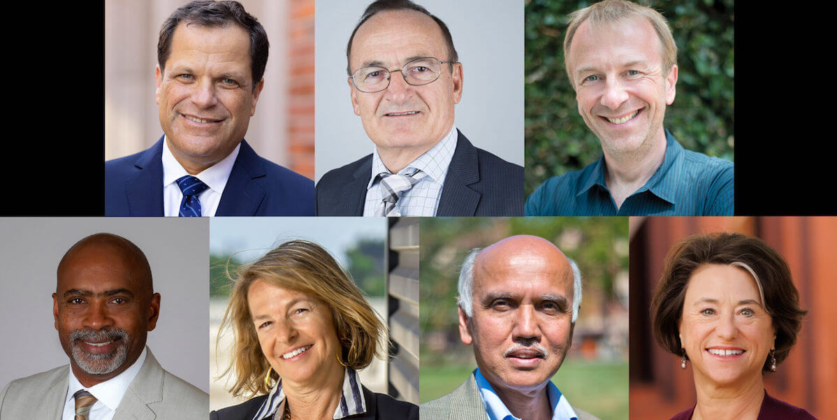 Photos of Dana Goldman, Petros Ioannou and Peter Kuhn (top row, from left) are USC’s new University Professors. The new Distinguished Professors are (bottom row, from left) Ricky Bluthenthal, Sofia Gruskin, Surya Prakash and Gale Sinatra.