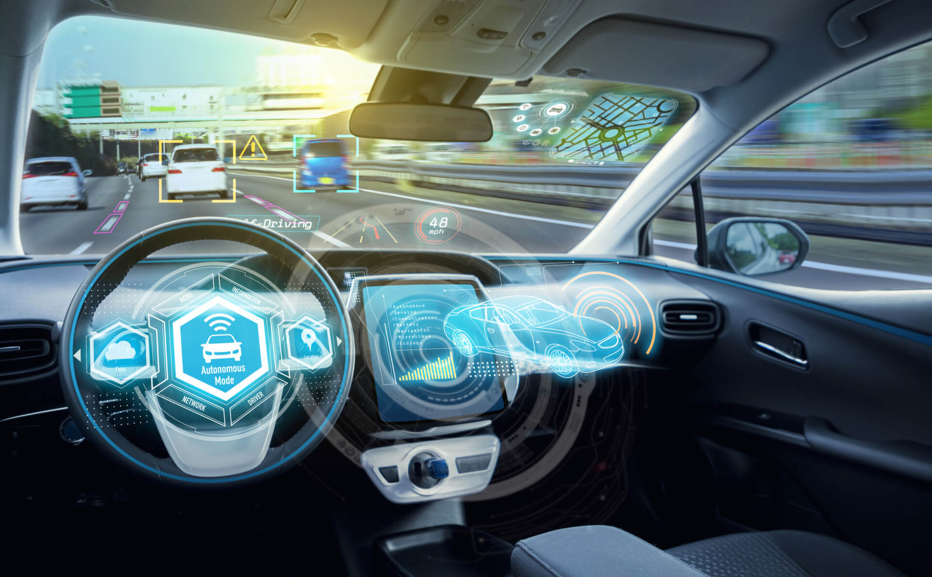 Stock illustration depicting an autonomous vehicle. 