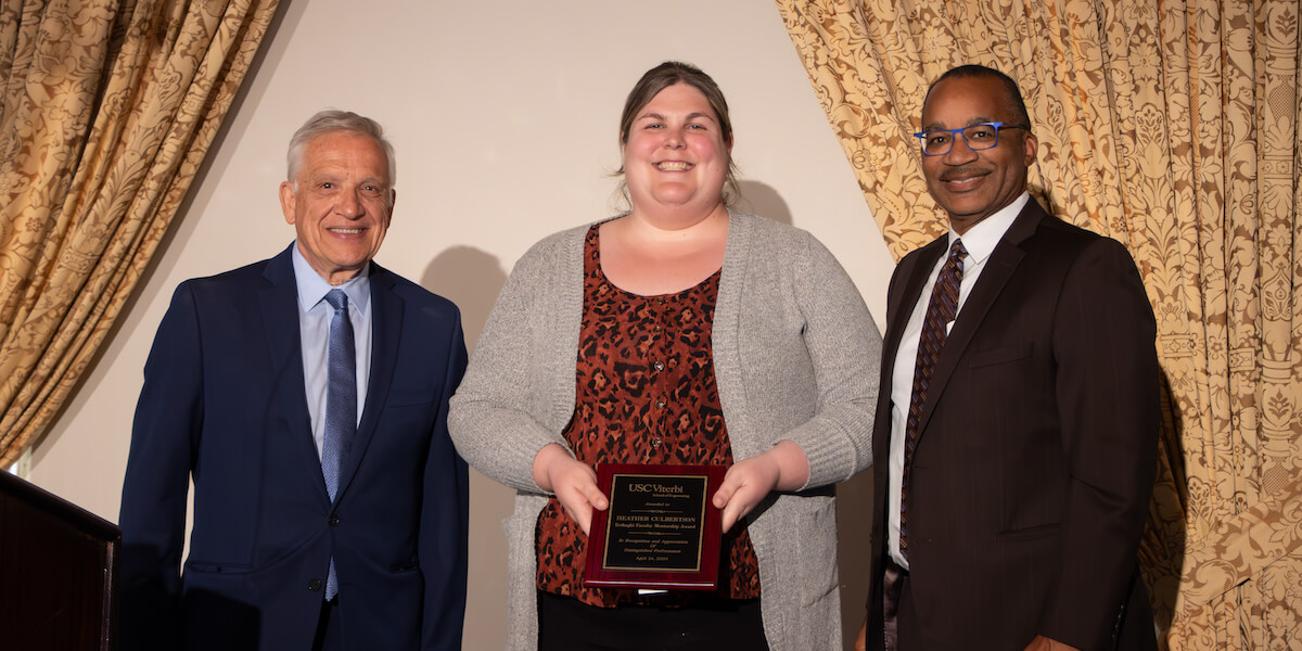 (L-R) Dean Yannis C. Yortsos; Awardee Heather Culbertson; and Timothy Pinkston, Vice Dean for Faculty Affairs (PHOTO/Tracy Che)
