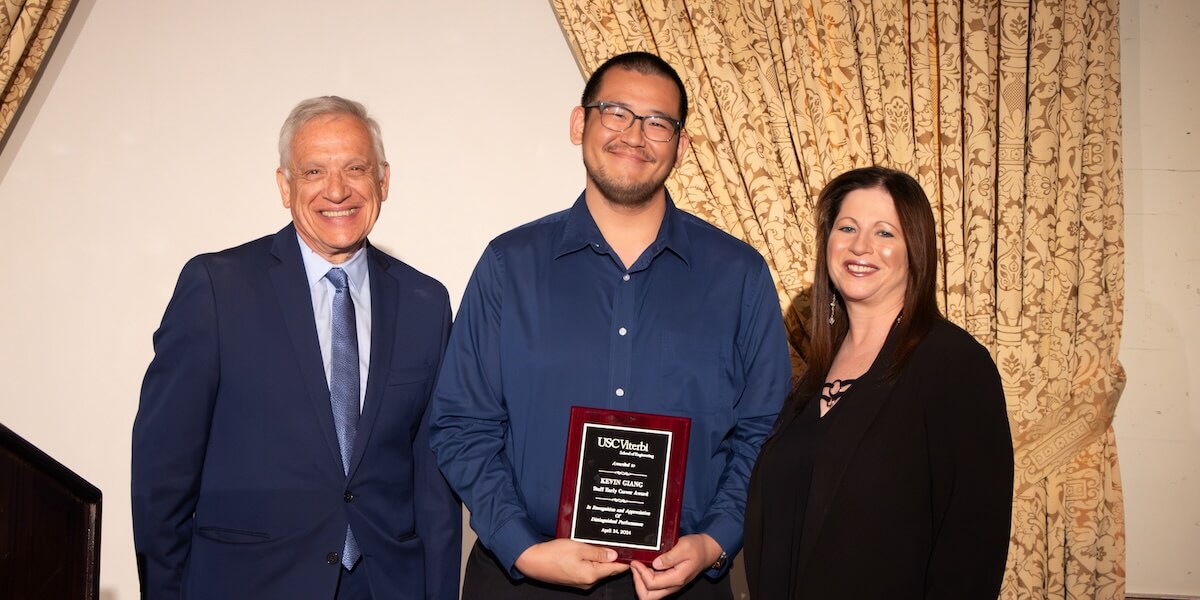 (L-R) Dean Yannis C. Yortsos; Awardee Kevin Giang; and Kimberly Bregenzer, Vice Dean for Administration & Finance (PHOTO/Tracy Che)
