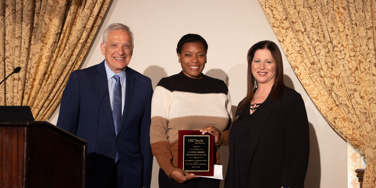 (L-R) Dean Yannis C. Yortsos; Awardee Lyneisha Brooks; and Kimberly Bregenzer, Vice Dean for Administration & Finance (PHOTO/Tracy Che)