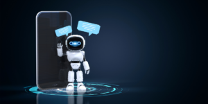 Friendly robot with word bubbles in front of phone.