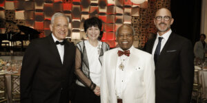 (Left to right) USC Viterbi Dean Yannis C. Yortsos with Viterbi Award winners Julie Brown, Augustine Esogbue, and William Holliday, president and CEO of The Charles Lee Powell Foundation (Photo/Steve Cohn)
