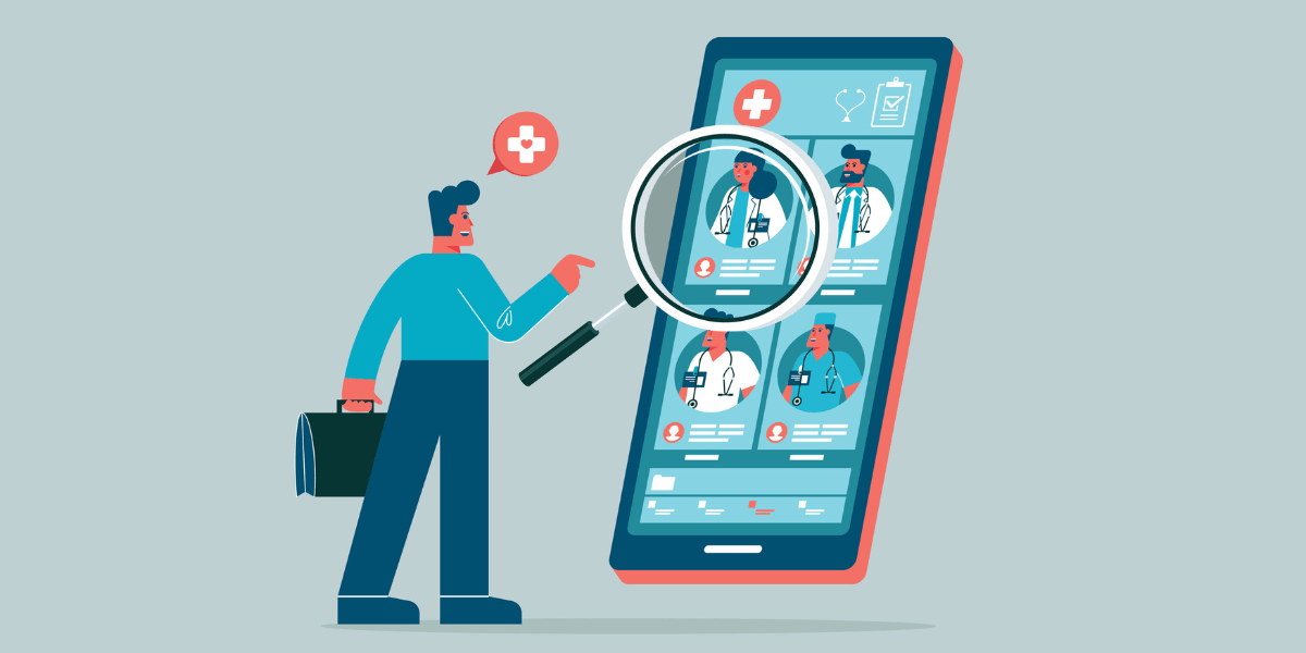 Cartoon image of a man choosing a doctor on a mobile application.
