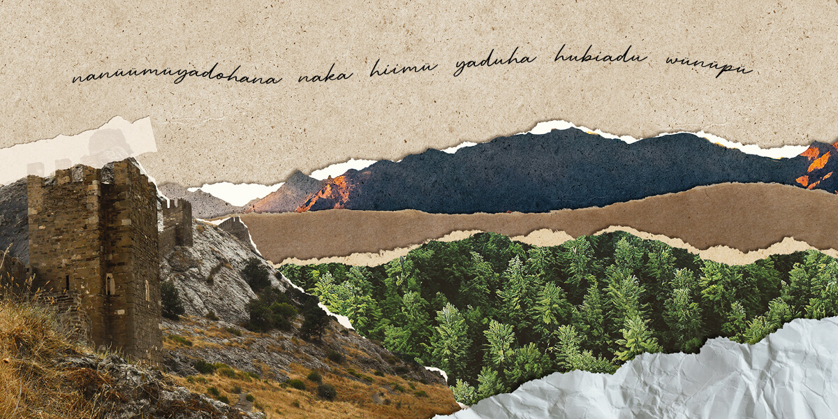 Mountain and trees collage photo with Paiute words in cursive