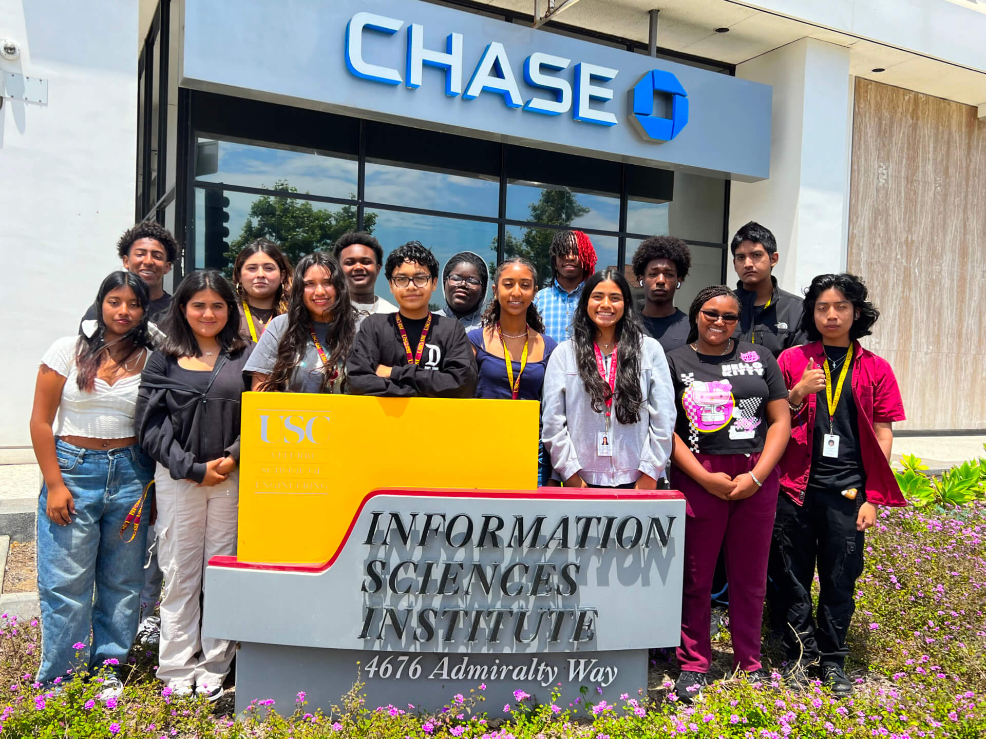 Student group shot in front of USC Information Sciences Institute