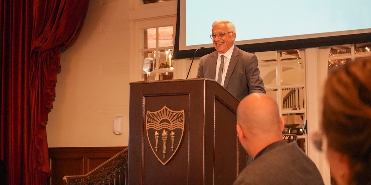 Dean Yannis C. Yortsos delivering his 2024 State of the School Address at Town &amp; Gown (Photo/Dani Orlando)