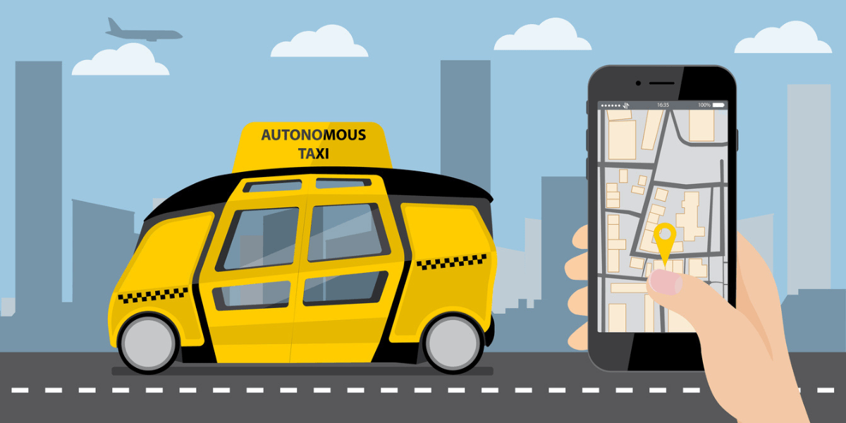 Illustration of an autonomous taxi and mobile app