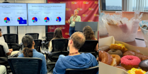 Craig Knoblock speaking to a group of students with a presentation about Knowledge graphs on a screen behind him. Also a photo of donuts.