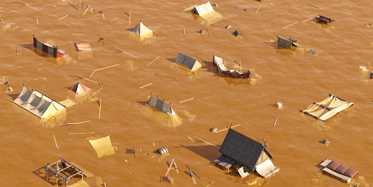 Debris includes homes floating in a brown river from storm Daniel in Libya