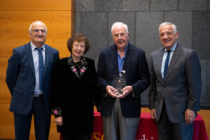 Image of Professor Petros Ioannou, Sophia Balakrishnan, Duke Professor and Bal Award recipient Earl H. Dowell, and Viterbi School Dean Yannis C. Yortsos. 