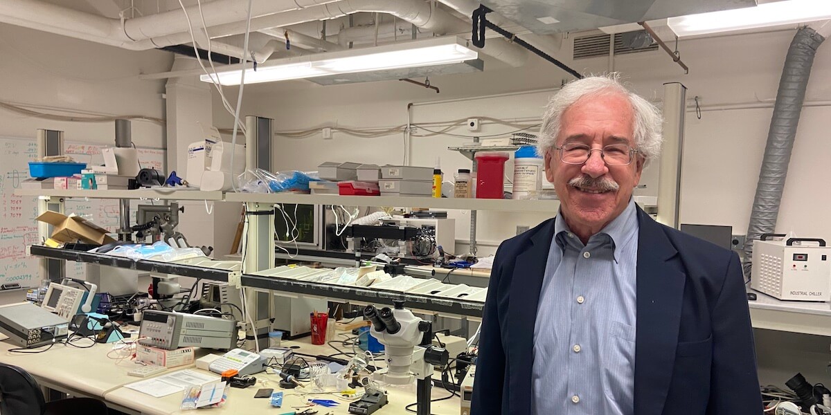 Professor Gerald Loeb in the electronics workshop in the Alfred E. Mann Department's new Innovation Space.