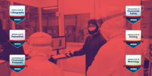 An instructor works with ME Commons Scholars in the cleanroom surrounded by microcredential badges