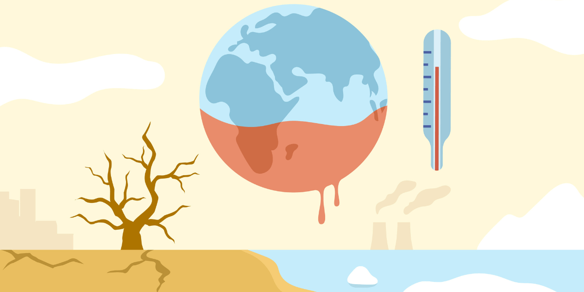 illustration of the earth and a desert landscape, thermometer 