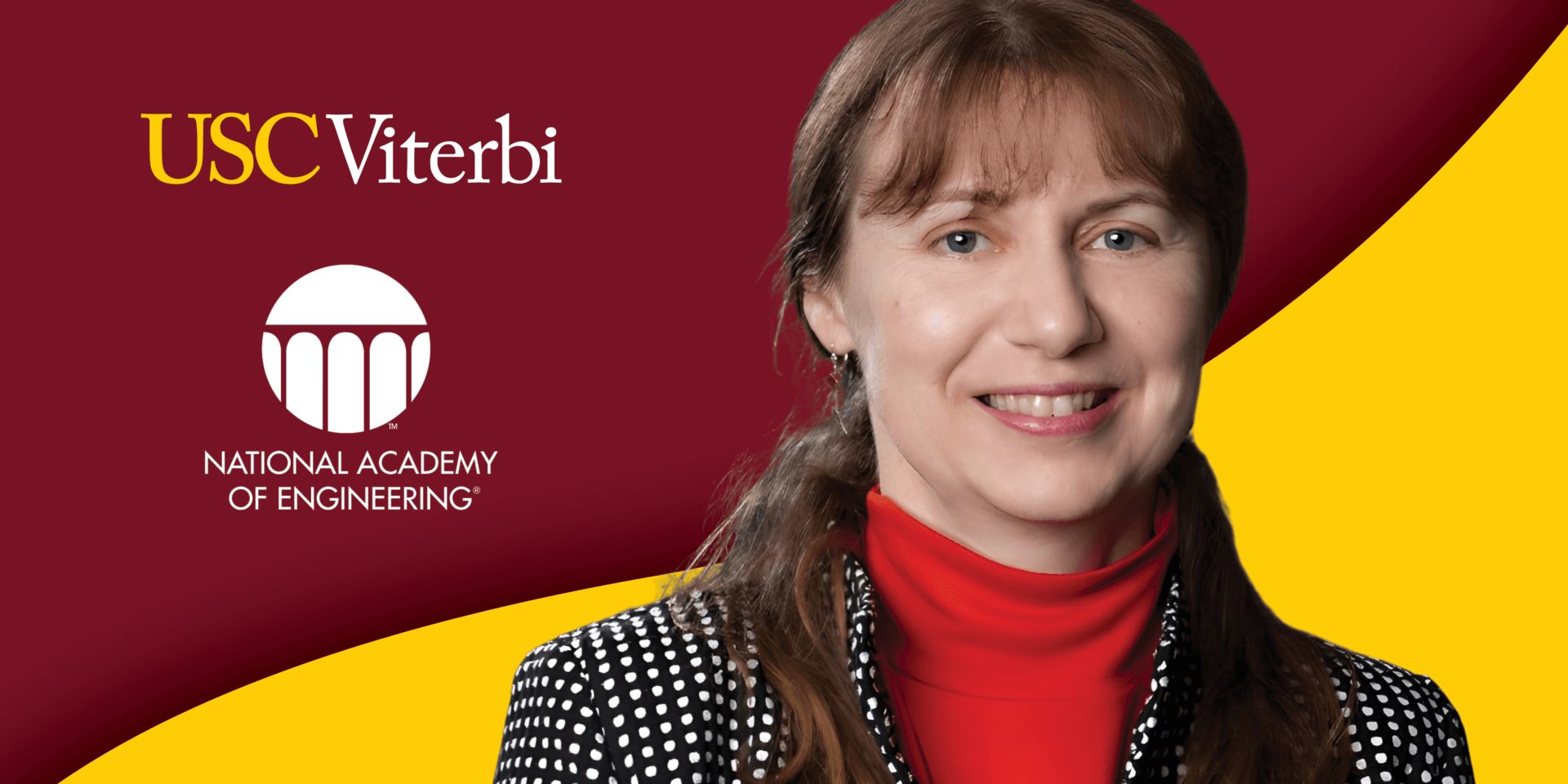 Photo of Maja Mataric with the USC Viterbi logo and the National Academy of Engineering Logo