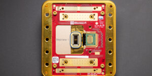 A close up of the insides of Microsoft's newest quantum chip