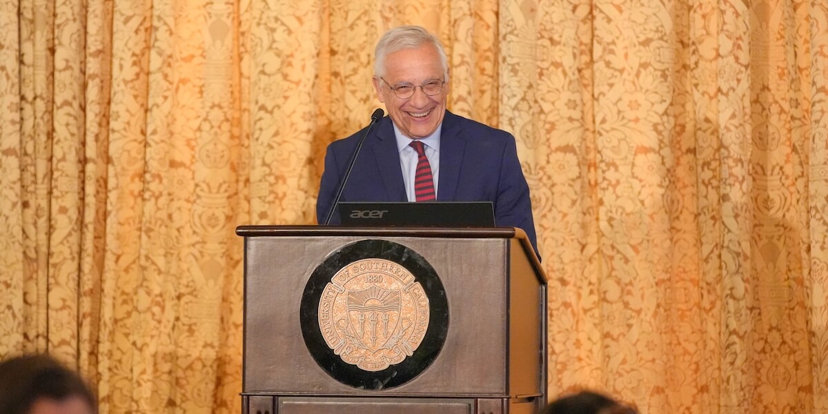 Dean Yannis C. Yortsos delivering his address at the 2025 Staff & Faculty Awards (Photo/Dani Orlando)