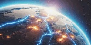 A rendering of a portion of the globe with the glow of electricity powering the metropolises below it