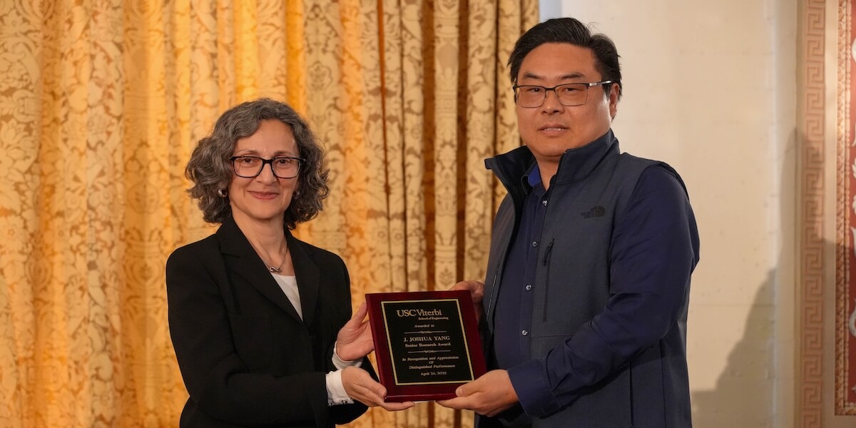 (Left to Right) Vice Dean for Research Mahta Moghaddam and J. Joshua Yang (Photo/Dani Orlando)