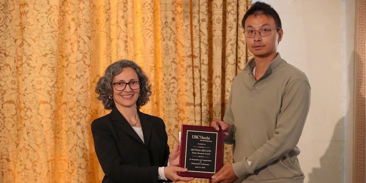(Left to Right) Vice Dean for Research Mahta Moghaddam and Quntao Zhuang (Photo/Dani Orlando)