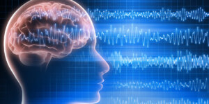 Male head with brain activity on blue background with
