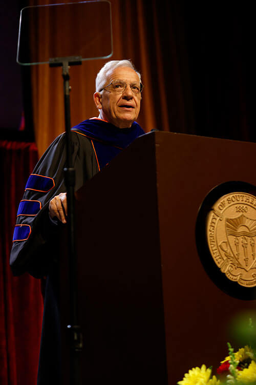 Dean Yannis Yortsos addresses the USC Viterbi graduating class of 2025