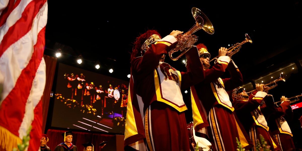 The USC Trojan Marching Band raises the roof at the Galen Center. Image/NoƩ Montes.