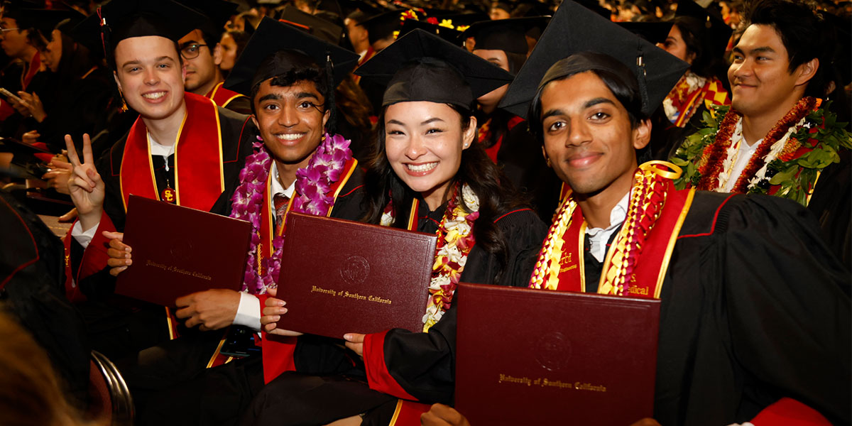 A GROUP OF USC VITERBI GRADUATES AT THE 2025 COMMENCEMENT CEREMONY HELD AT THE USC GALEN CENTER