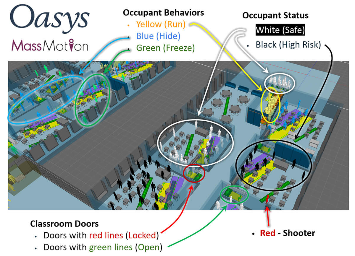 MassMotion simulation setup of building occupants, shooter and environment