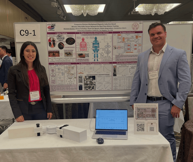 Michella Rustom and Constantine Sideris presenting their motion tracking sensor network at the 2025 VLSI demo session in Kyoto, Japan. (Photo Credit: Michella Rustom)