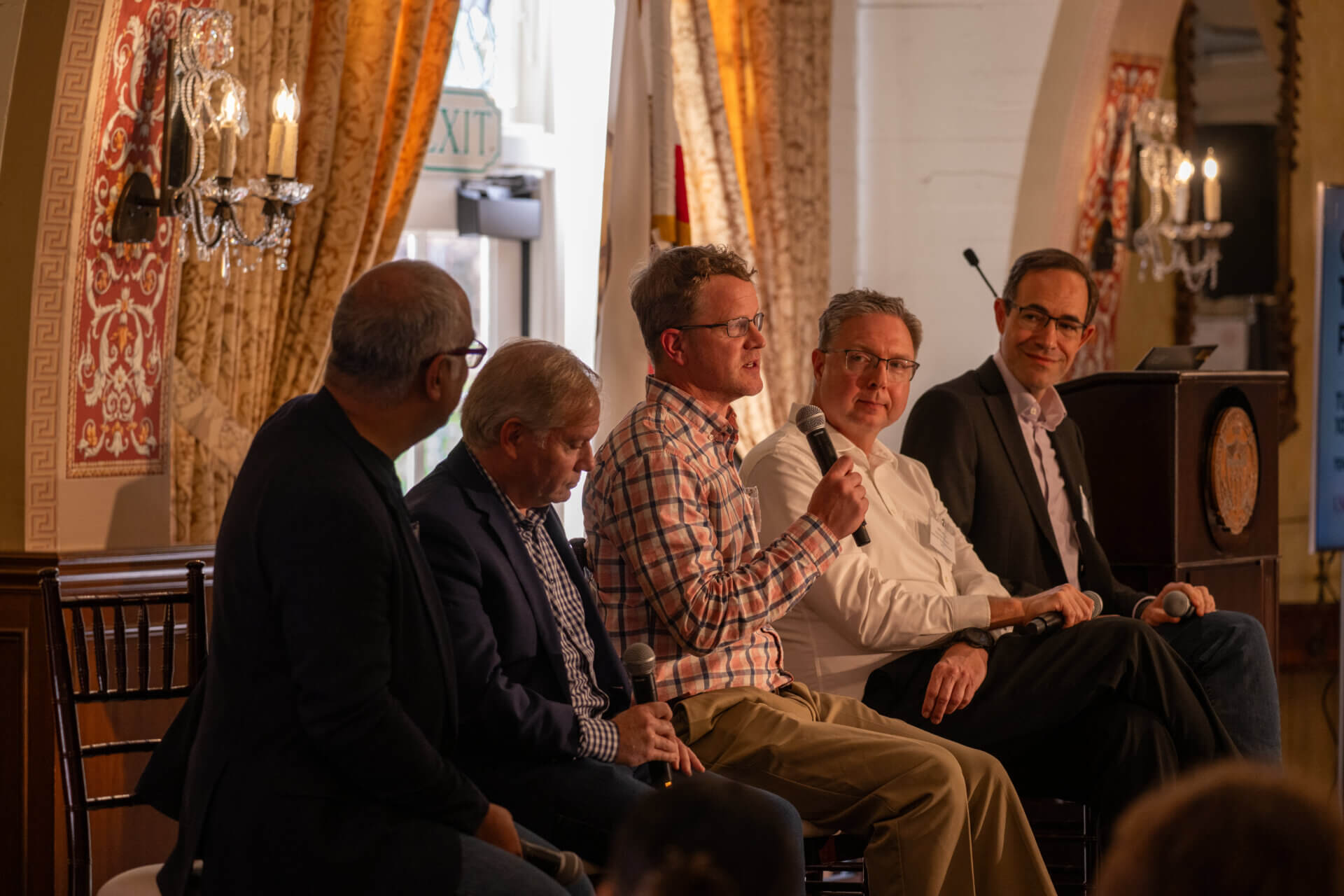 Kris Philippe (middle), former AstraZeneca innovation lead, speaks at a roundtable discussion on “Enterprise Perspectives on Quantum.” He is joined (from left to right) by Reza Nejabati, head of quantum research, Cisco Systems; John Licata, chief innovation officer, ServiceNow; Christopher Jones, Halliburton senior advisor, strategic initiatives, innovation and IP strategy; and moderator Scott Buchholz, global lead for quantum computing, Deloitte.