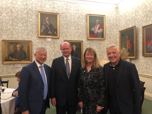 Former Imperial College President Alice Gast, B.S. ’80, hosts a select dinner on Sept. 15, 2019, in London for the Global Grand Challenges Summit. Attendees include (from left) USC Trustee Ming Hsieh, B.S. ’83, M.S. ’84; former USC faculty and Olin College President Emeritus Rick Miller; Gast; and USC Viterbi Dean Yannis Yortsos. All four are members of the National Academy of Engineering. (Photo/Courtesy of Yannis Yortsos)