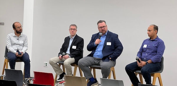(Left to Right) Erdem Biyik, USC Viterbi Assistant Professor of Computer Science and Electrical and Computer Engineering; Alberto Speranzon, chief scientist for autonomy at Lockheed Martin Advanced Technology Labs; Sean O’Brien,manager of programs for advanced autonomy at Northrop Grumman; and Ahmed Sadek, head of physical AI systems and vice president of engineering at Qualcomm (Photo/Courtesy of Maurena Nacheff-Benedict)