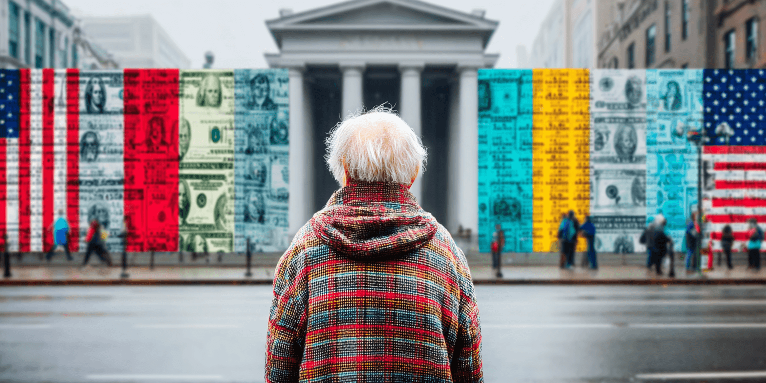 an old man looks at a courthouse