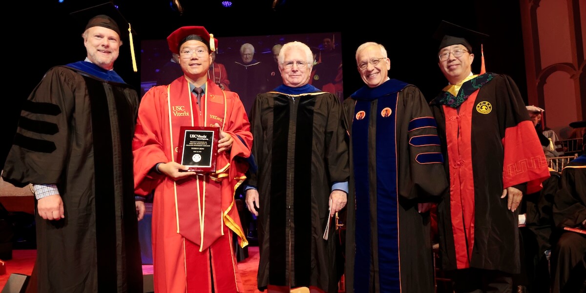 (Left to right) Vice Dean for Academic Programs Erik Johnson, Ballhaus Prize winner Yushun Zeng, USC Board of Councilors member William F. Ballhaus Jr., Dean Yannis C. Yortsos and BME Professor Qifa Zhou (Photo/Noe Montes)