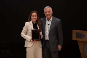 Dawn Kennedy and Dean Yannis C. Yortsos at the USC Viterbi Staff and Faculty Awards