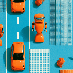 Illustration of robots and cars driving on the street. (Illustration credit: Midjourney)