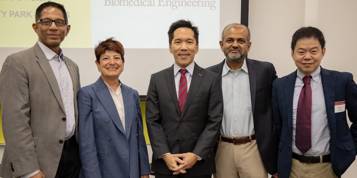 (Left to Right) Shrikanth Narayanan, vice president of presidential initiatives; Dr. Carolyn Meltzer, dean of the keck school of medicine; USC President Beong-Soo Kim; USC Viterbi Dean (Interim) Gaurav Sukhatme; and BME Chair Peter Yingxiao Wang (Photo/Noe Montes)