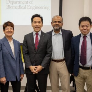 (Left to Right) Shrikanth Narayanan, vice president of presidential initiatives; Dr. Carolyn Meltzer, dean of the keck school of medicine; USC President Beong-Soo Kim; USC Viterbi Dean (Interim) Gaurav Sukhatme; and BME Chair Peter Yingxiao Wang (Photo/Noe Montes)