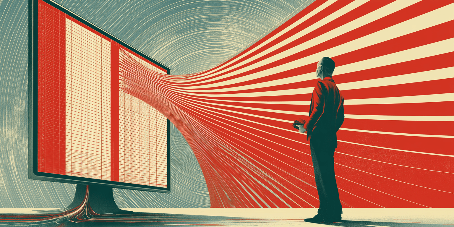 Illustration of a person standing in front of a computer screen with spreadsheet grids extending out of the computer monitor. (credit: MidJourney)