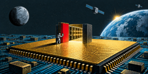 an astronaut stands on a microchip in space and keep a gate open